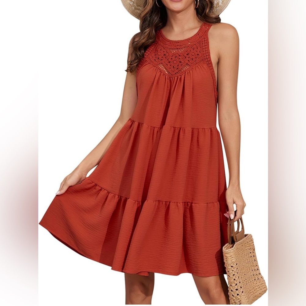 Sleeveless Crochet Yoke Tiered Midi Dress in Rust